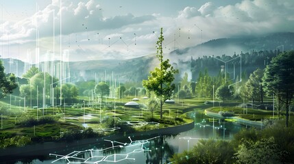 A landscape equipped with 5G-connected sensors continuously monitoring environmental conditions, enabling proactive measures to manage pollution, climate change, and natural resources.