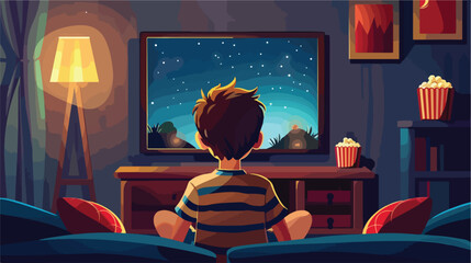 Kid watching tv at home with popcorn bucket. Movie ni