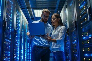 A man and a woman are looking at a laptop in a server room