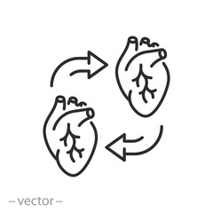 heart transplantation icon, organ donor concept, thin line symbol on white background - editable stroke vector illustration