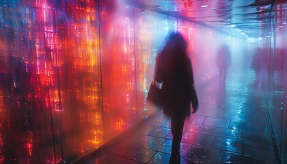 Silhouette of a woman walking through a neon-lit city alley.