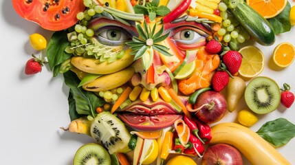 A face with features made from different fruits and vegetables, vibrant, creative, detailed, white background