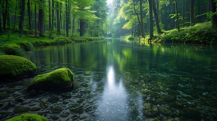 A peaceful river winding its way through a dense forest, with moss-covered rocks and towering trees reflecting in its crystal-clear waters