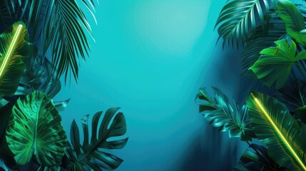 Modern Trendy Neon Glowing Light with Neon Green Palm Tropical Leaves on a Blue Background, Design Template with Copy Space for Text
