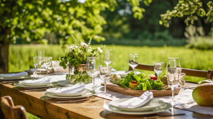 Exquisite table setting with floral arrangements, crystal glasses in an outdoor garden with natural light on a summer day. The concept of an outdoor event.