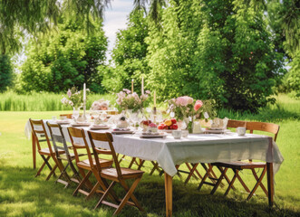 Exquisite table setting with pink floral arrangements, crystal glasses in an outdoor garden with natural light on a summer day. The concept of an outdoor event.