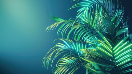 Modern Trendy Neon Glowing Light with Neon Green Palm Tropical Leaves on a Blue Background, Design Template with Copy Space for Text
