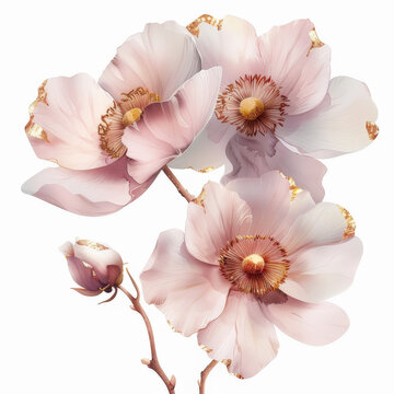 Hermoso y delicado fondo minimalista blanco con arreglo de flore en tonos rosa pastel y oro. Concepto tarjetas y felicitaciones en celebraciones de aniversarios, bodas, cumplea&ntilde;os, dia de la madre etc