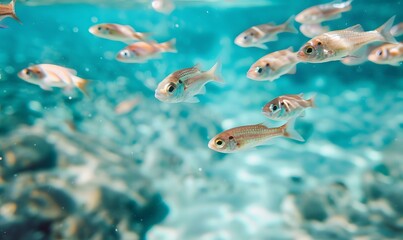 Naklejka premium flock of young small school fish under water , Generative AI