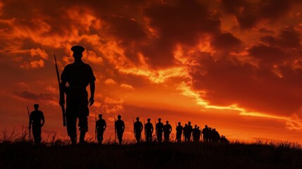 Fototapeta premium Dramatic silhouette of a powerful man leading his army, set against a twilight sky, conveying leadership and strength