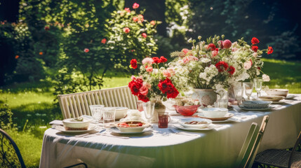 Exquisite table setting with red floral arrangements, crystal glasses in an outdoor garden with natural light on a summer day. The concept of an outdoor event.