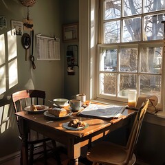 Cozy Breakfast Nook, Sunlight illuminating a small kitchen table with coffee, pastries, and a newspaper