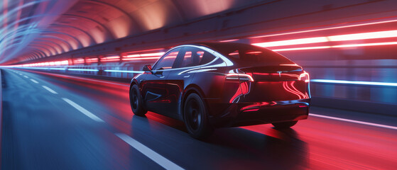 A high-speed electric car blazes through a tunnel, its sleek design illuminated by red streaks of...