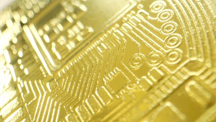Precision-focused lens zooms in on a cryptocurrency coin, showcasing its intricate patterns and...