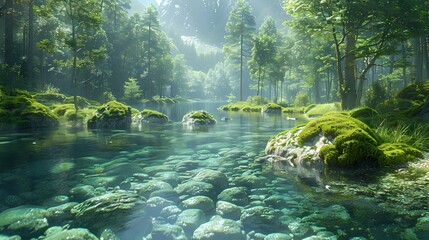 A peaceful river winding its way through a dense forest, with moss-covered rocks and towering trees reflecting in its crystal-clear waters