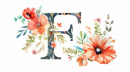 Letter f floral alphabet with watercolor flowers and