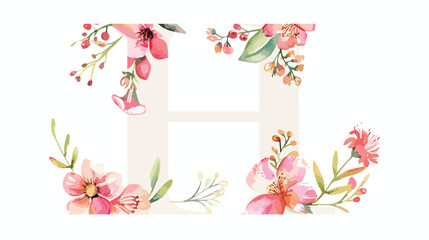 Letter h with watercolor flowers and leaf. Floral alp