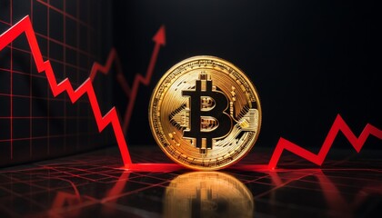 A conceptual image showcasing a Bitcoin coin in sharp focus with a red declining graph in the background, depicting a drop in value.. AI Generation