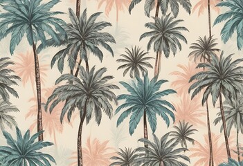 Hand drawn palm tree seamless pattern illustration set. Hawaiian print collection, summer vacation background in vintage art style. Tropical plant painting wallpaper texture