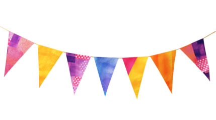 Multicolored bunting isolated on transparent white background, clipping path