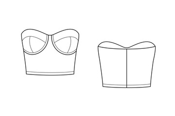 Female crop corselet vector template isolated on a transparent background. Front and back view. Outline fashion technical sketch of clothes model.