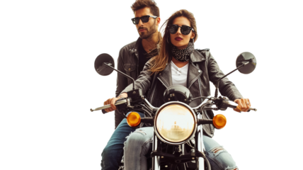 Biker couple riding down the road isolated on transparent png background.
