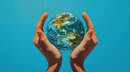 Human hands gently hold a small realistic globe with a vibrant blue backdrop, symbolizing environmental care and protection