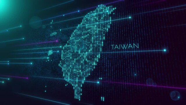 Abstract Futuristic Motion View Blue Violet Shiny Perspective Square Hud Particles Mosaic Grid And Text Of Taiwan Region Map With Dotted Lines Light Flare, Seamless Loop