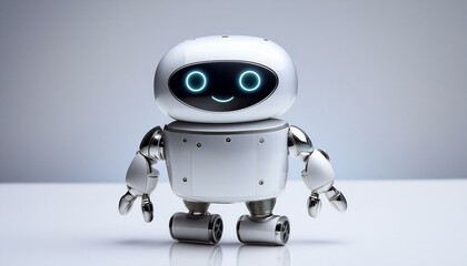 Shiny Metal Robot: Cute Square Design with Wheels and Expressive Eyes"