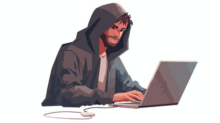 Man in hoodie working on laptop. Happy hacker. Cyber