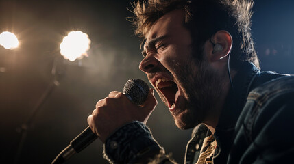 Young man singing with a microphone at a concert