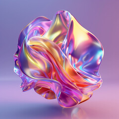 Digital artwork of a flowing, fabric-like iridescent sculpture with a sense of motion in a purple setting