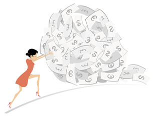 Success in business. Gambling. Lottery. 
Happy businesswoman rolls up a big pile of money. Business concept illustration
