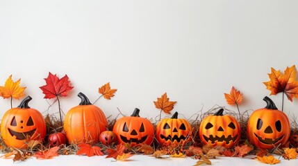 Halloween Themed Pumpkin Arrangement With Autumn Leaves On Hay
