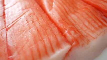 Crab sticks offer protein, vital for muscle repair, growth, and a strong immune system, being primarily made from fish proteins. Food concept. Shot with 24mm probe macro lens. Crab sticks background. 