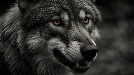 Intense Gaze: Grayscale Wolf Portrait with copy space