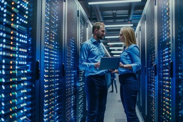 A man and a woman are looking at a laptop in a server room