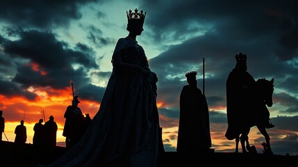 Impressive silhouette of a queen with male figures in the background, set against a somber evening sky, illustrating regal dignity and authority