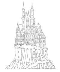 Fairy tale castle fortress. Hand drawn black and white architectural sketch for coloring book page