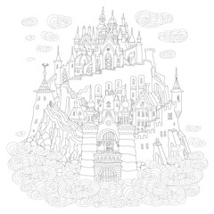 Fairy tale castle in the air. Coloring book page Hand drawn black and white sketch of medieval houses on the clouds