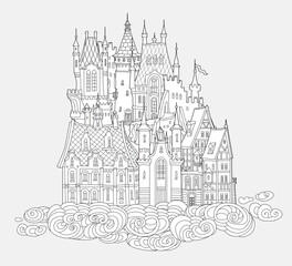 Fairy tale castle in the air. Coloring book page Hand drawn black and white sketch of medieval houses on the clouds