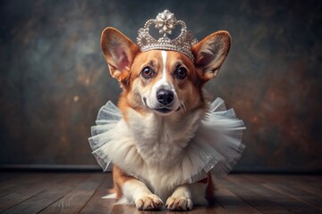 A beautiful portrait of a cute red Welsh Corgi dog, dressed in a pink tutu and with a crown on her...