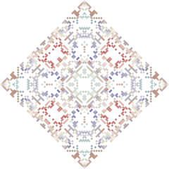 Geometric mandala of squares in a flat style ornament in the form of pixels. Embroidery dotted schemes. Textile geo prints.
