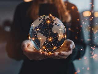Fototapeta premium Hände einer Geschäftsfrau, die eine Erdkugel halten. Konzept eines global vernetzten Unternehmens
