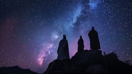 Elegant outline of a queen standing prominently with her kings slightly in the shadows, under a starlit sky, conveying partnership and power