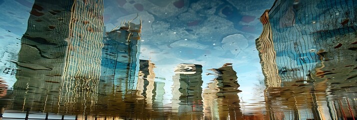 Distorted Reflections, A reflection of a cityscape or natural landscape in a distorted mirror or water surface