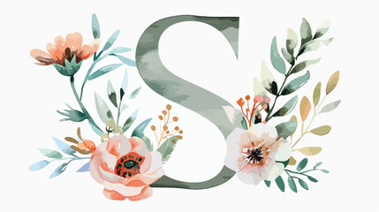 Monogram S letter with watercolor flowers and leaves