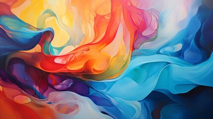 Abstract painting with vibrant colors and a sense of movement. Colors blend together to create a harmonious and visually appealing composition.