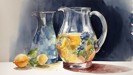 watercolor painting of a clear glass pitcher