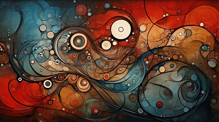 An abstract painting with a vibrant mix of colors and shapes